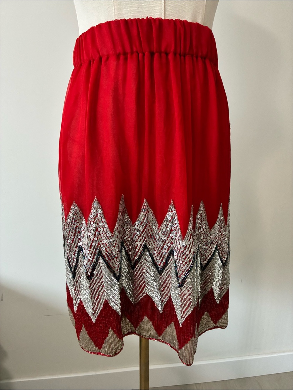 Vintage Red Chiffon Skirt with Chevron Sequins and Beading